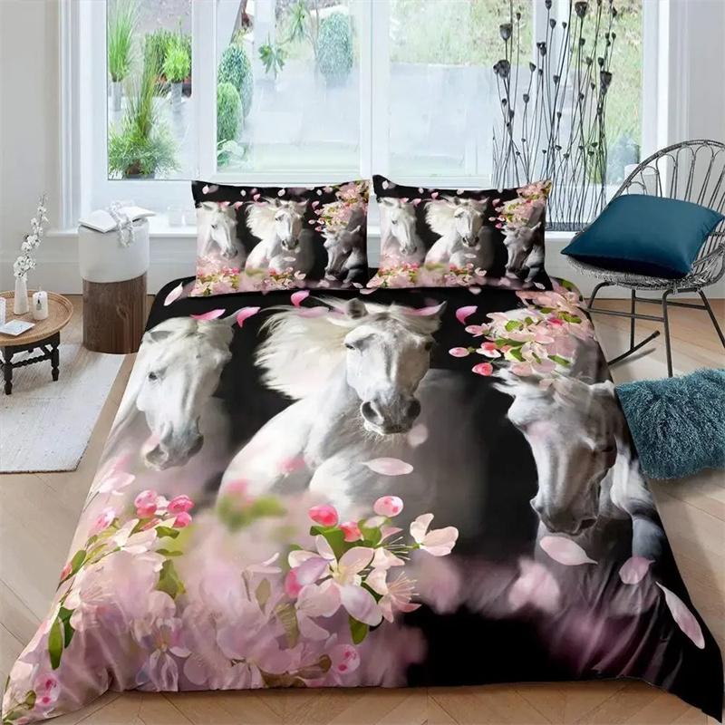 3D Horse Duvet Cover King Queen Size Yellow Sunflower Bedding Collection Floral Animal Theme Quilt Cover Wildlife Soft Comforter Cover