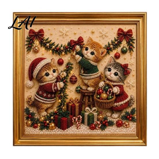 Relaxing Handmade Faux Pearl Sets Christmas Cat Art Kit with Frame Kitty Painting DIY Decorative Supplies Kit 3D Bead Wall Craft for Adults