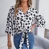 Women Spring Autumn Temperament Leopard Print V-Neck Long Sleeve Shirt Blouses