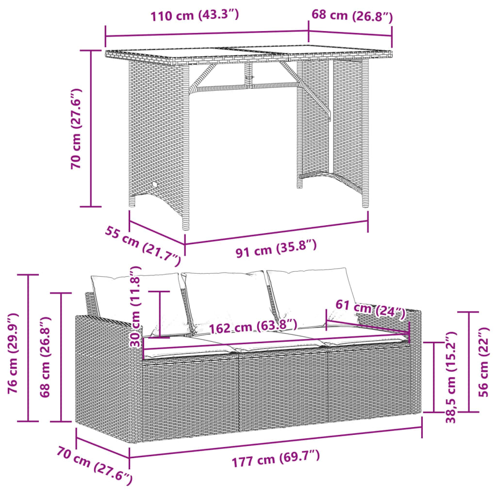 2 Piece Outdoor Dining Set with Cushions Light Grey Poly Rattan