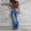 Джинсы-клеш с высокой талией для женщин, рваные расклешенные джинсы, эластичные джинсовые брюки на весну и лето