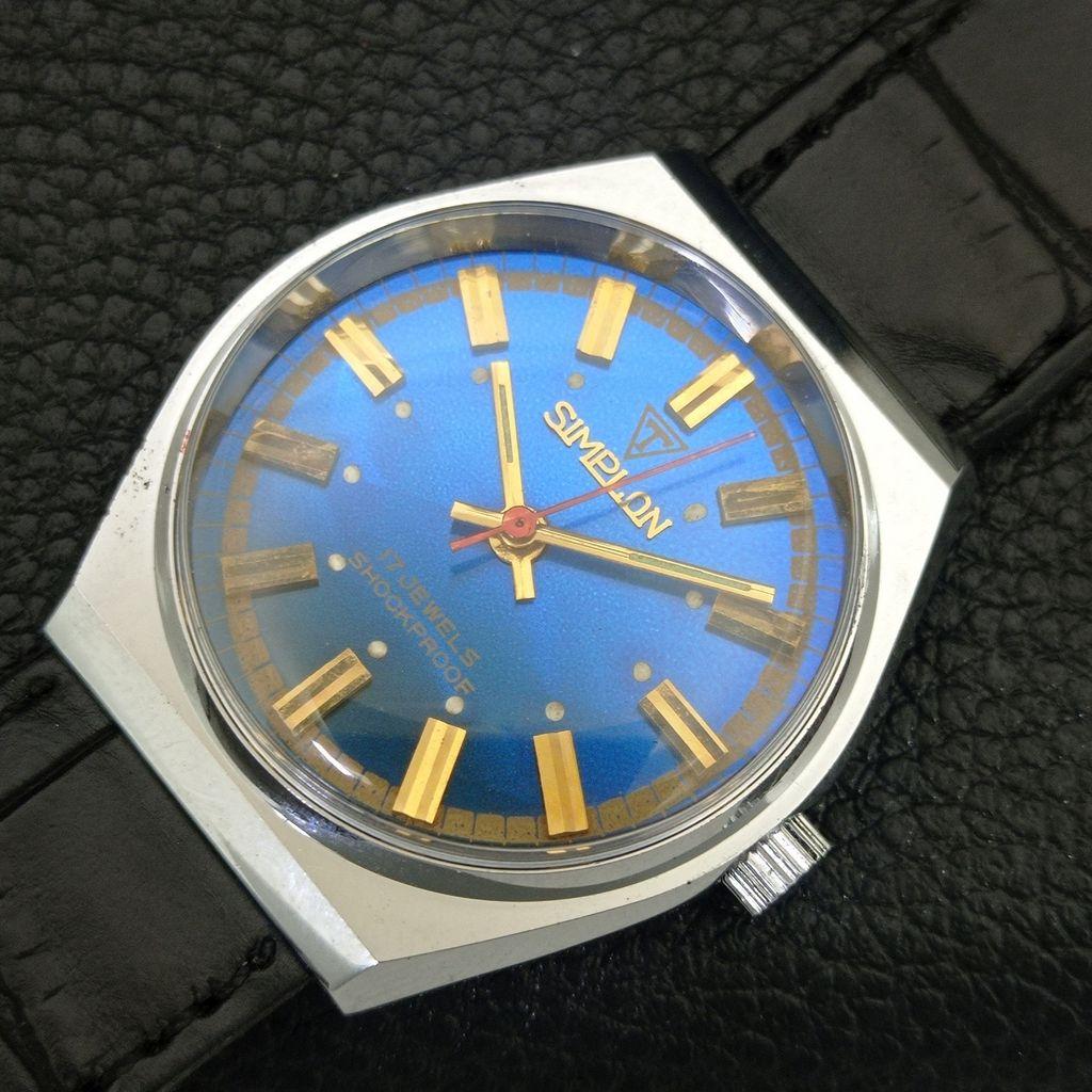 SIMPLON РУЧНОЙ ЗАВОД ВИНТАЖНЫЕ ШВЕЙЦАРСКИЕ МУЖСКИЕ ОТРЕСТАВРИРОВАННЫЕ СИНЕГО ЦВЕТА ЧАСЫ a704615-1
