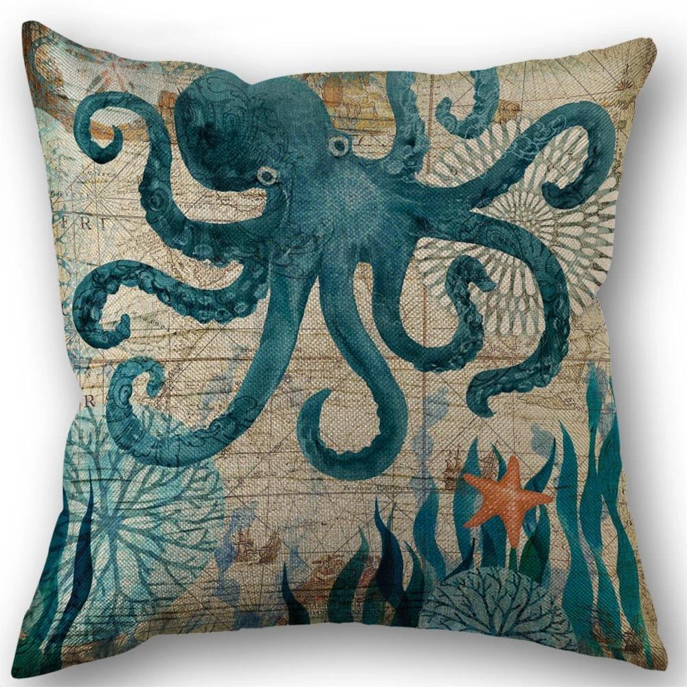 Marine Life Turtle Seahorse Whale Octopus Cushion Cover Pillow Cover Retro Linen Fabric 45x45cm