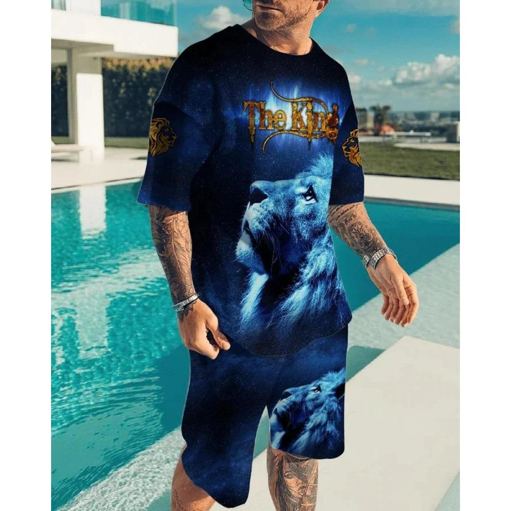 Летний комплект из 2 предметов с шортами с рисунком льва и свирепого зверя, повседневные уличные футболки и шорты, спортивный костюм с круглым вырезом и 3D-принтом