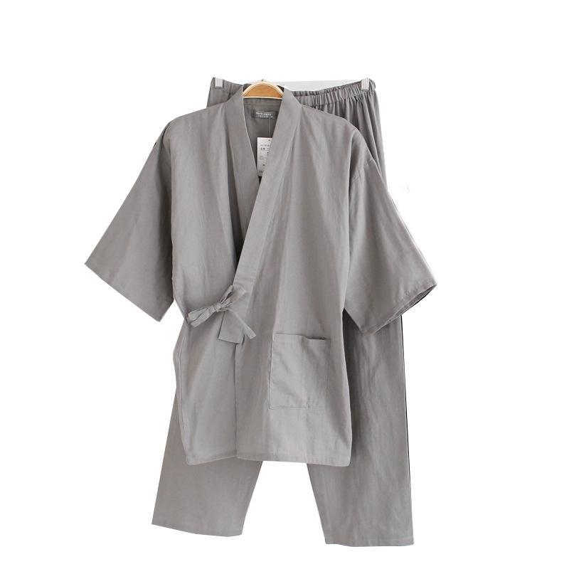 Japanese Spring and Summer Men's Kimono Pajamas Cotton Double-layer Gauze Loose Pajamas Set In Long-sleeved Kimono