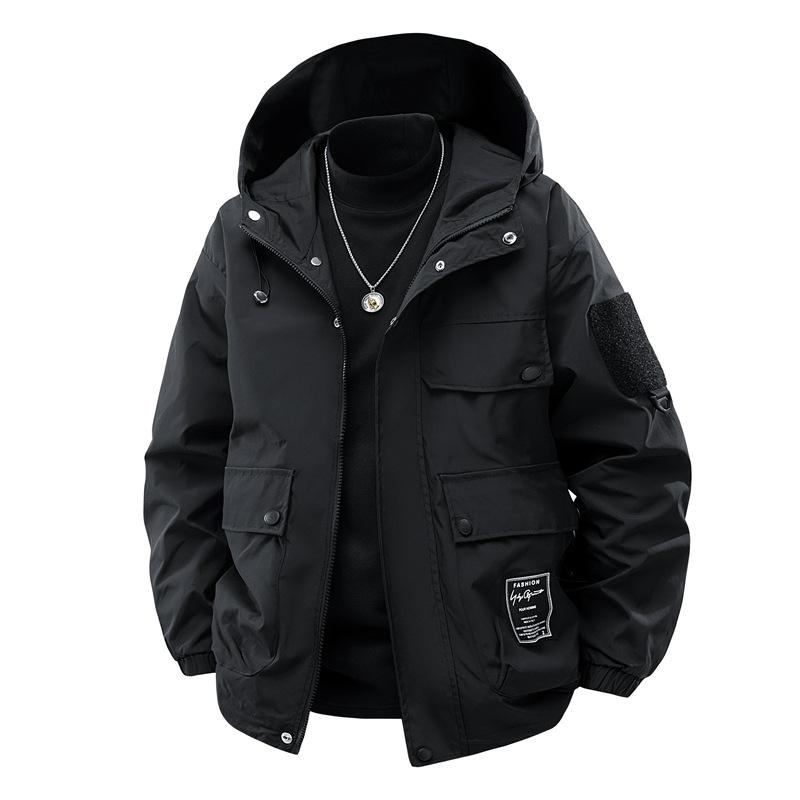 Однотонная куртка Мужская Весна и Осень Свободная Модная Рабочая одежда Уличная Водонепроницаемая Повседневная Куртка с капюшоном Куртка