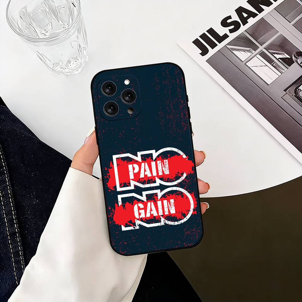 No Pain No Gain Gym Phone Case For iPhone 17,16,15,14,13,12,11 Plus,Pro Max,XS,Soft Silicone Black Cover