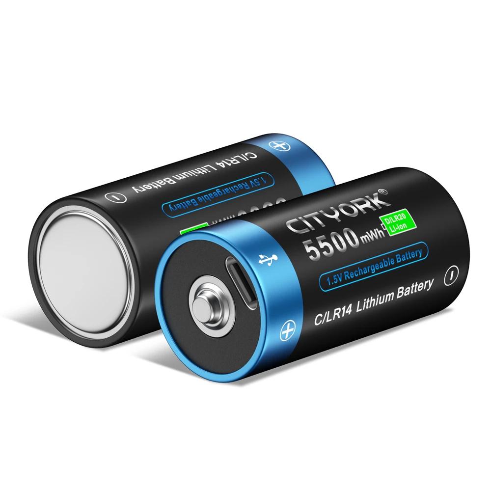 Cityork Перезаряжаемая батарея размера 1,5 VC, тип C, зарядка через USB, литий-ионная батарея R14 LR14 C для фонарика, газовой плиты