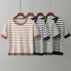Women Round Neck Streak Short Sleeve Loose T-shirt Summer Trendy Style Comfortable Casual T-shirt Knitted Ice Silk T-shirt