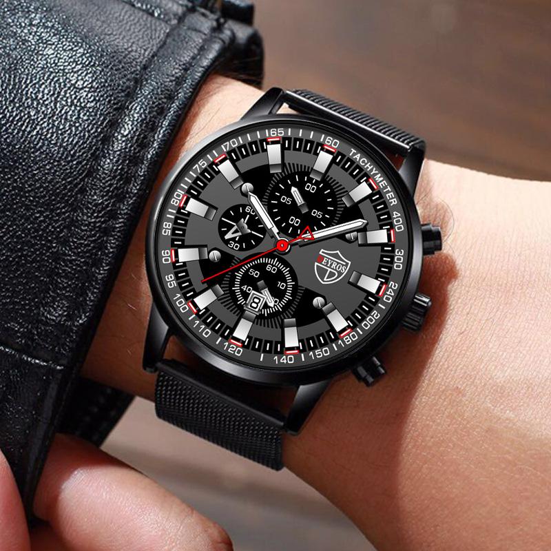 3pcs/set Fashion Men's Business Stainless Steel Mesh Band Quartz Watch & Bracelet Neckalce Set