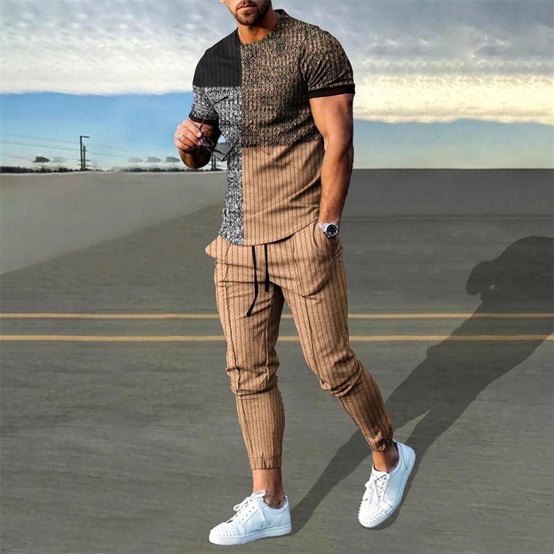 Мужская футболка, спортивный костюм, комплект из 2 предметов, короткий рукав, спортивная одежда, костюмы, модная мужская одежда, брюки, повседневные топы с круглым вырезом, брюки, уличная одежда