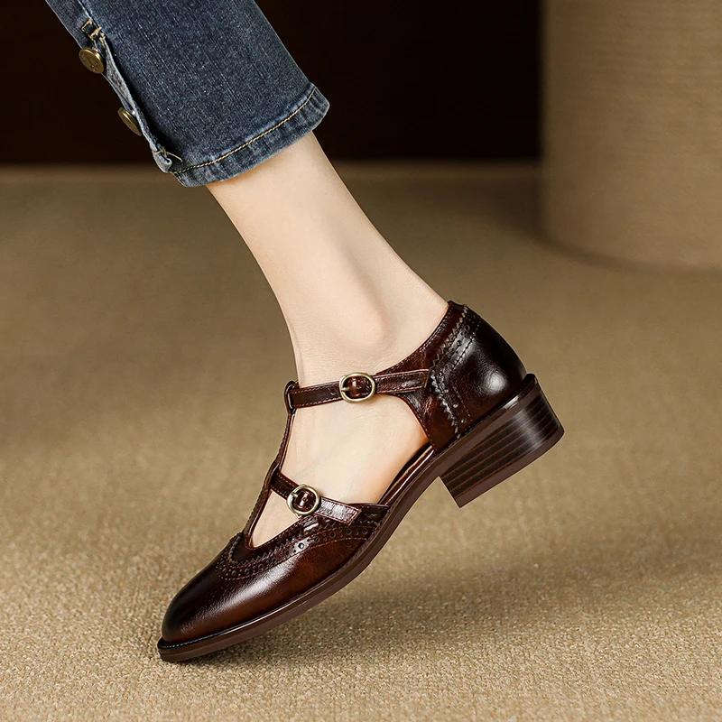 Модные Новые Весенние 2025 Туфли Мэри Джейн из Натуральной Кожи на Низком Каблуке Женские Туфли Ретро с Круглым Носком для Женщин Туфли-Лодочки на Блочном Каблуке ретро Женская Обувь