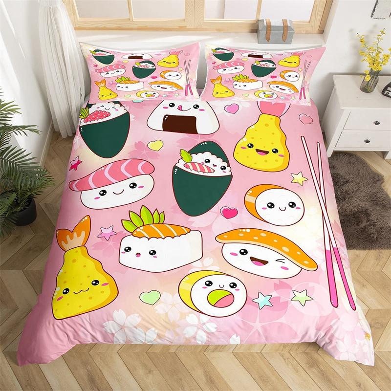 Cartoon Sushi Food Duvet Cover Twin For Kids Teen Microfiber Japanese Cuisine Bedding Set Kawaii Cat Cherry Blossoms Quilt Cover