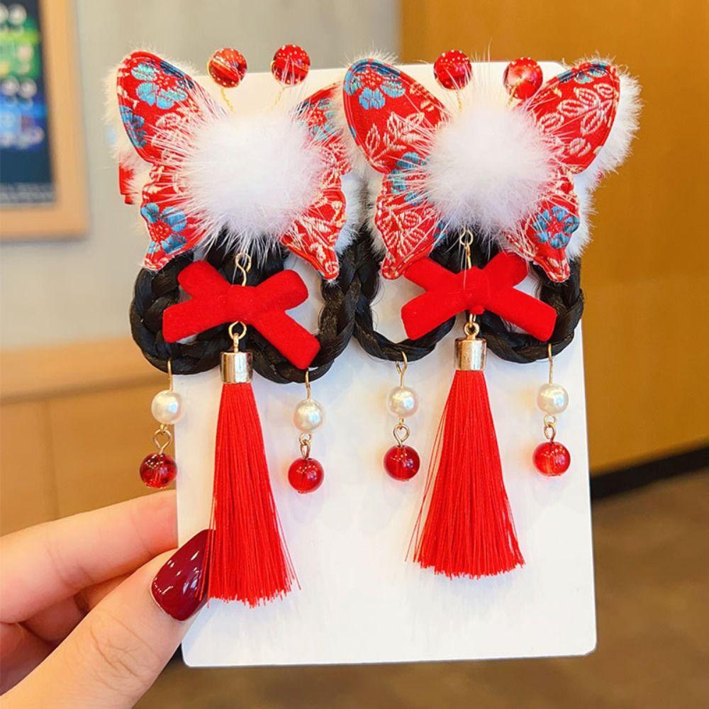 2 шт. Детский головной убор Парик Коса Заколка Кисточка Ханфу Головной убор Красный бант Заколка для волос Праздничный на Новый год