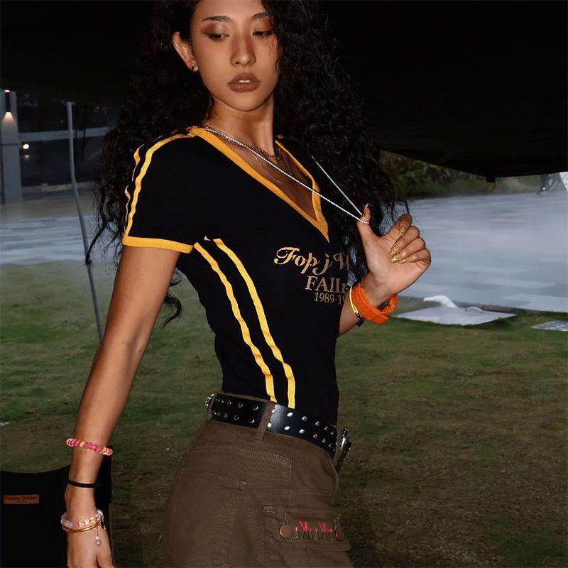 Американские винтажные футболки Y2k, женские уличные футболки в полоску с коротким рукавом, футболки Harajuku с буквенным принтом, летние