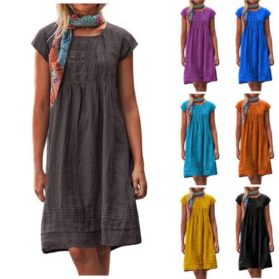 Женские повседневные свободные платья с круглым вырезом и короткими рукавами, элегантные льняные свободные платья с морщинами