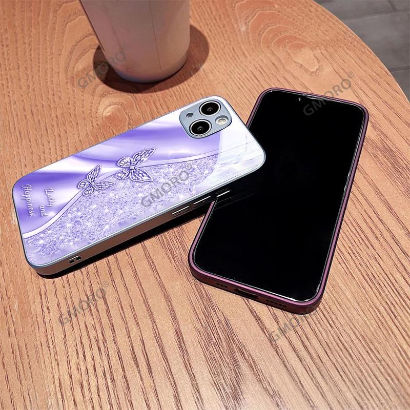 Light luxury flash diamond butterfly mobile phone case Apple 14promax metallic paint glass case iPhone17pm protective case