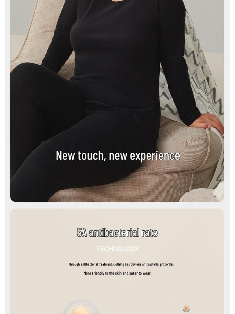 Женский комплект термобелья большого размера из двухсторонней фланели - Чистый хлопок, Толстый базовый слой с круглым вырезом для осени и зимы