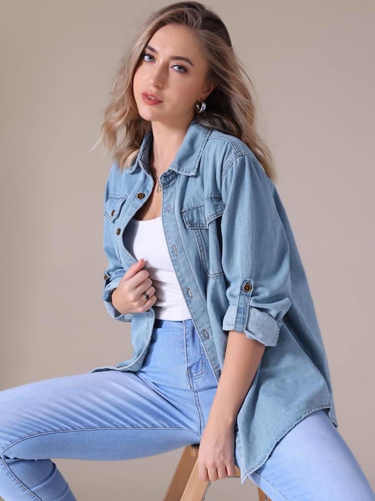 Allegra K CIMUK Women's Denim Jacket, Long Sleeve Button-Down with Pockets, Light Blue, Size M