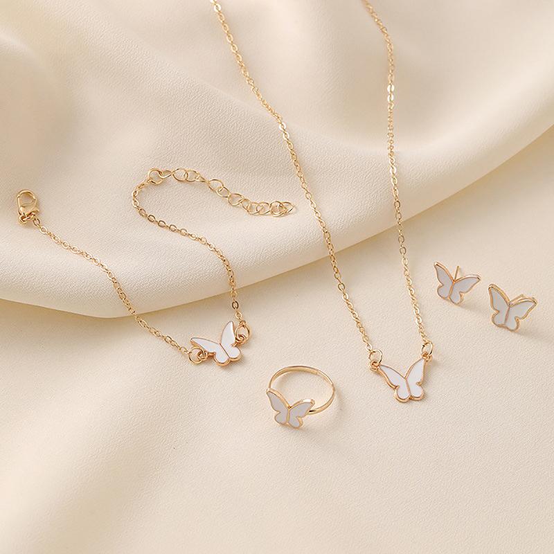 1Set Fashion Exquisite Simple Versatile Butterfly Necklace Bracelet Earrings Ring For Women Girls Wedding Party Jewelry Set Gift