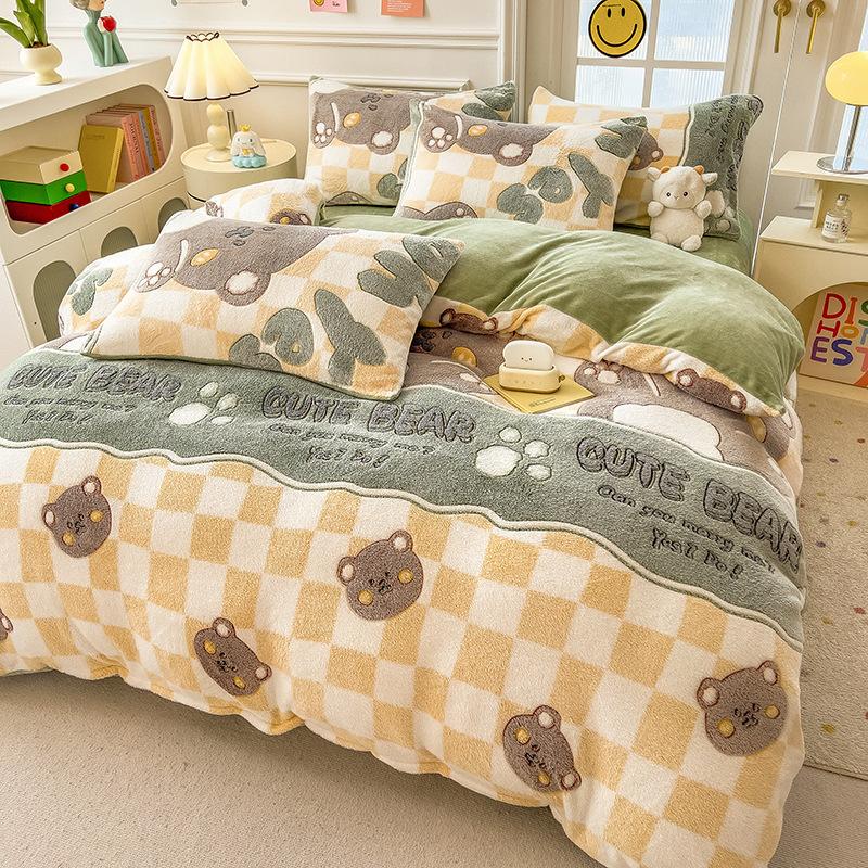 Зимний комплект постельного белья из молочного флиса, четырехпредметный, двусторонний флис, утолщенные простыни, пододеяльник, наволочка