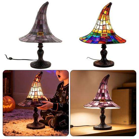 Stained Glass Witch Hat Lamp, USB Powered Resin Night Light, Gothic Halloween Table Lamp for Bedroom Bookshelf Mantel Party Decor
