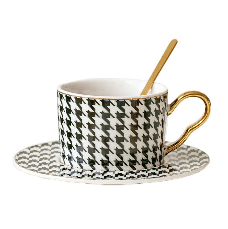 Creative Design Nordic Style Houndstooth Ceramic Coffee Cup Office Water Cup Afternoon Tea Cup and Saucer Set with Spoon