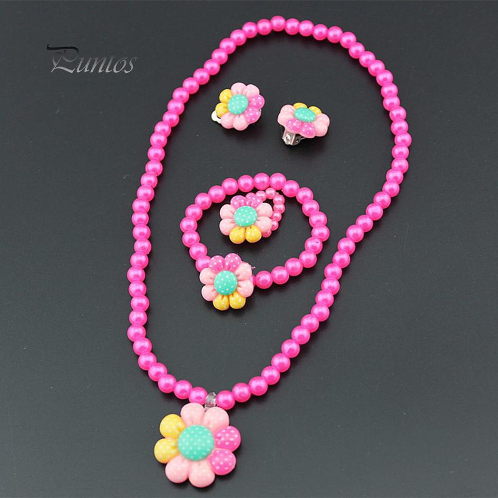 Цветок Искусственный жемчуг Дети Девушки Серьги Браслет Ожерелье Кольцо Комплект ювелирных изделий