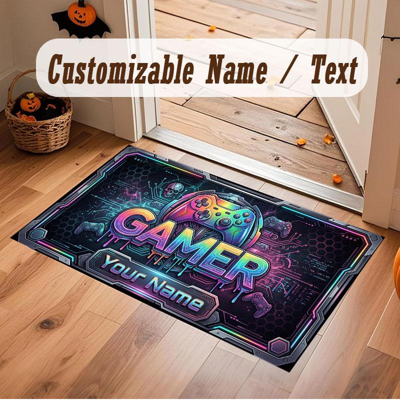 City Cyberpunk Theme Crystal Velvet Floor Rug Personalized Custom Name Text Warm Carpet Home Decoration