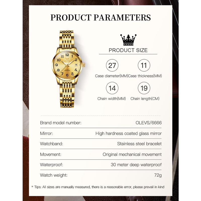 OLEVS 6666 с подарочной коробкой, механические настольные водонепроницаемые женские часы с одним календарем, женские часы