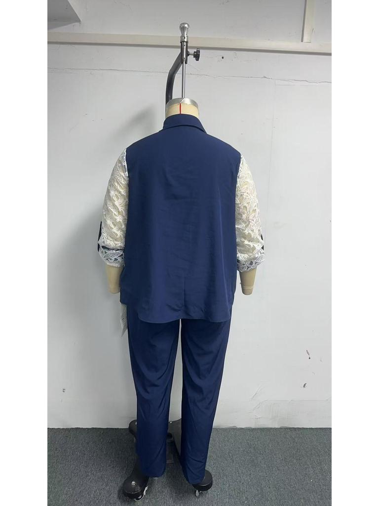 Кружевной пэчворк, двухпредметный, больших размеров, 2025: Комплект: рубашка с длинным рукавом и брюки клеш