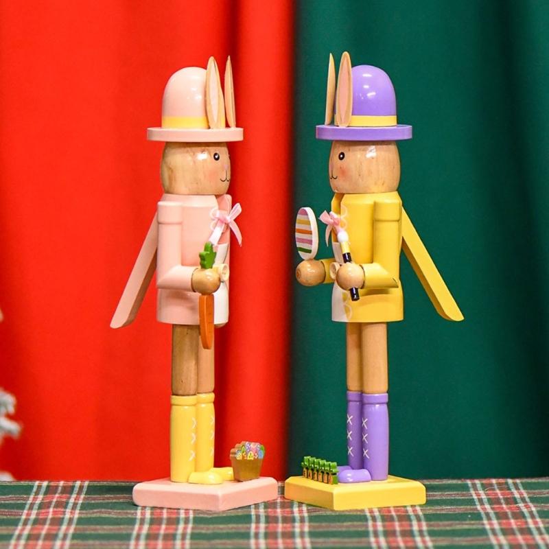 Artistic 12Inch Easters Rabbit Nutcrackers Wooden Figurine Ornament with Hat and Colorful Body for Holiday Decoration