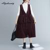 Korean Style Autumn Winter Women Basic Sundress V Neck Brown Purple Oversized Tank Dress Sleeveless Corduroy Basic Baggy Midi Dress