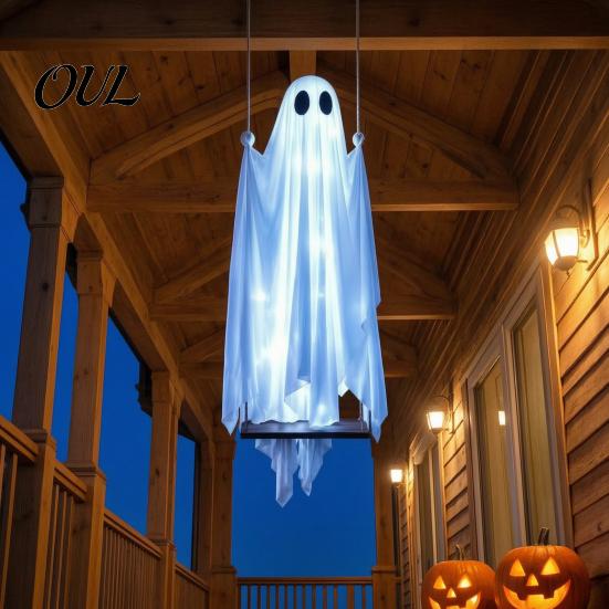 Spooky Front Door Ornament Halloween Hanging Ghost Decoration, Outdoor Swing for Seasonal Party Supplies Porch Yard Garden, Weather Resistant