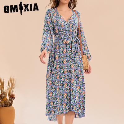 Женская мода лето весна сплошной цветочный принт с длинным рукавом v-образным вырезом с высокой талией повседневные платья