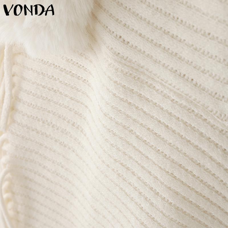 VONDA Women Long Sleeve Fluffy Tassel Splicing Open Front Casual Knitted Sweaters Cardigans