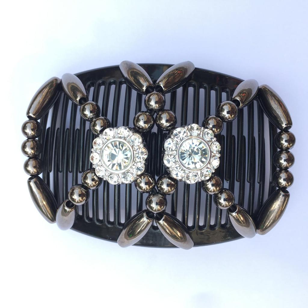 Большой ручной эластичный гребень для волос с бусинами и цветочным украшением - Универсальный двухрядный вкладыш для укладки и создания пучков