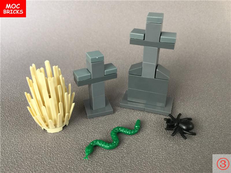 MOC Кубики Хэллоуинская тыква скорпион Зомби Лицо Головной убор Скелет Призрак Кровь Могила DIY Строительные блоки Игрушка для мальчиков