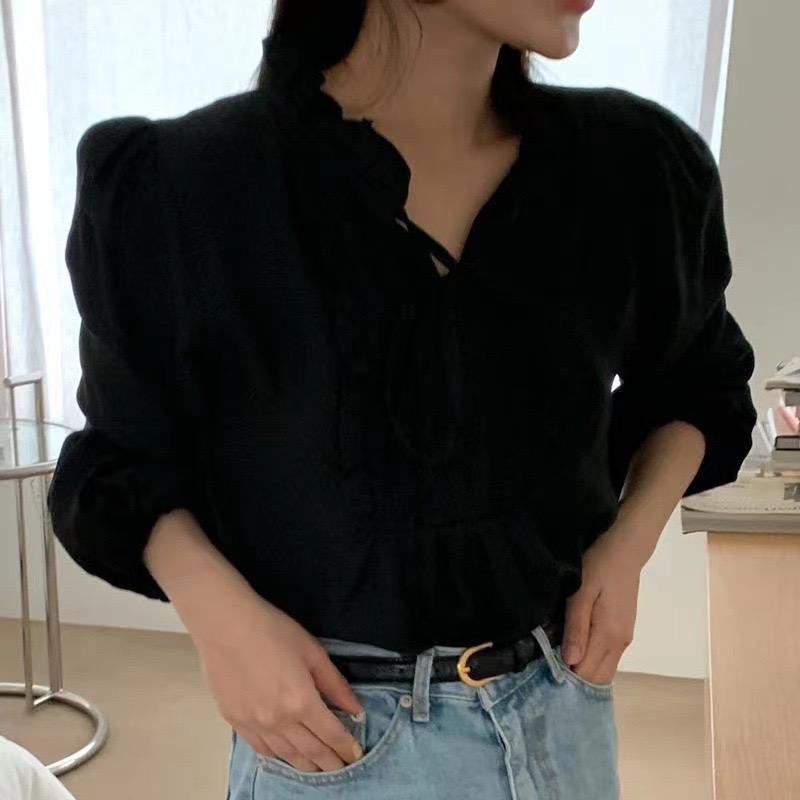 Long Sleeved And Summer Spring Ruffled Shirt Vneck Strap Loose Bubble Sleeves Womens Shirts