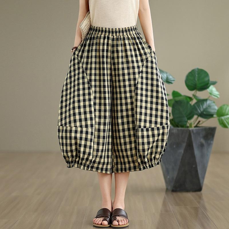Винтажные клетчатые брюки больших размеров с высокой талией, повседневные, свободные, летние, с широкими штанинами, крест-накрест, женские