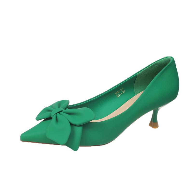 Туфли на каблуке с острым бантом для женщин 2024 года, весна/лето, новые простые модные туфли на тонком каблуке для женщин