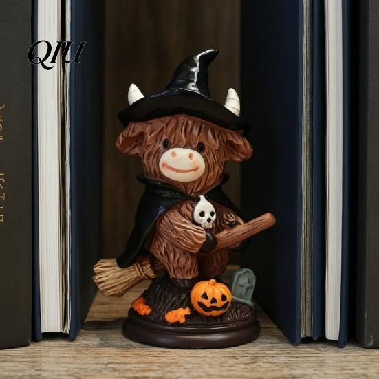 Cute Cow Gifts 2Pcs Halloween Highland Witch Ornament, Resin Figurine with Hat Pumpkin Broom Broomstick Figurines & Skull, Farmhouse Tabletop