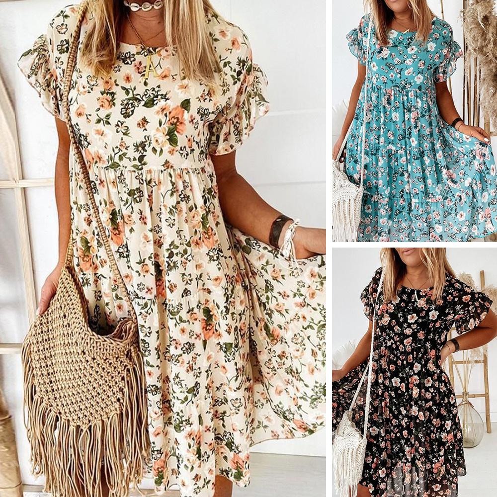 Short Sleeve Summer Dress Women Boho Floral Printed Sundress Beach Holiday Midi Dresses