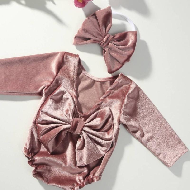Infant Girl Photoshoots Romper with Large Back Bowknot and Matching Headwear Set Newborns Photography Jumpsuit
