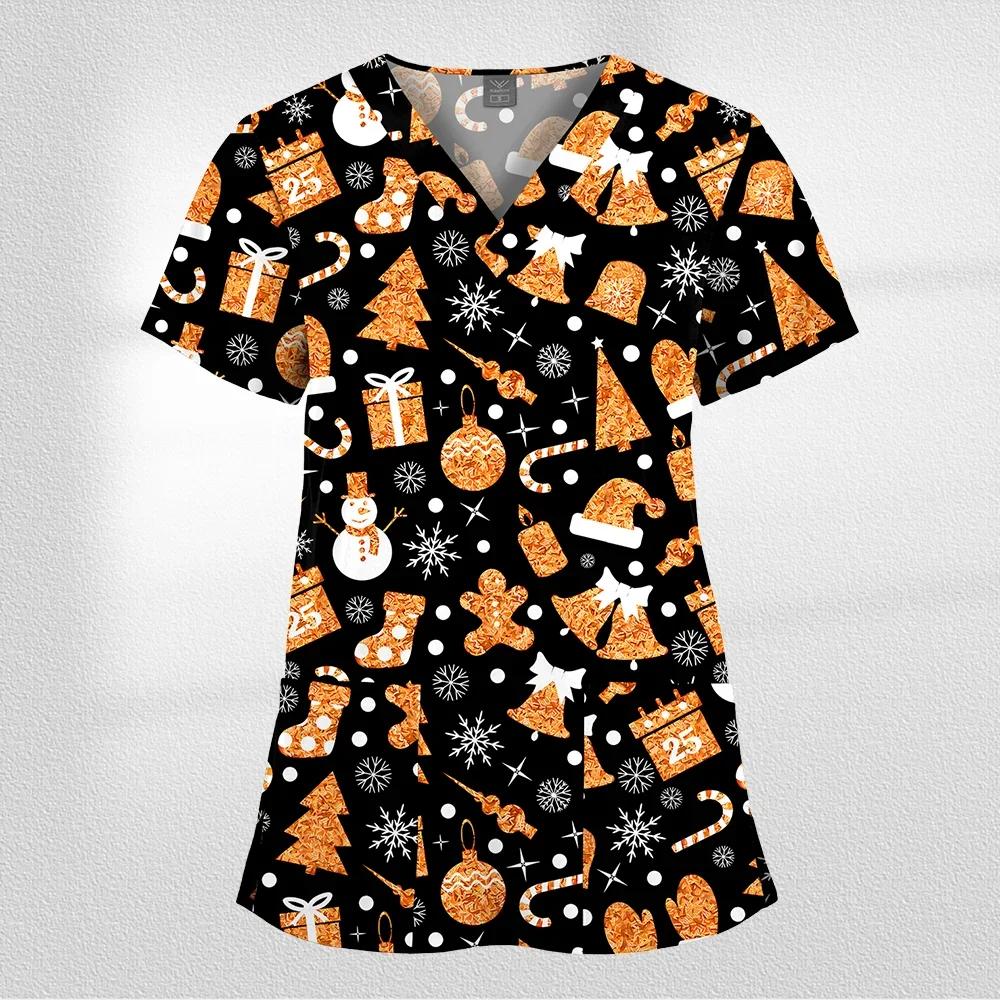 Women Working Uniform Cartoon Animal Print Short Sleeve V-neck T-shirt Tops Femme Blouse Nurse Work Wear Size XXS-6XL