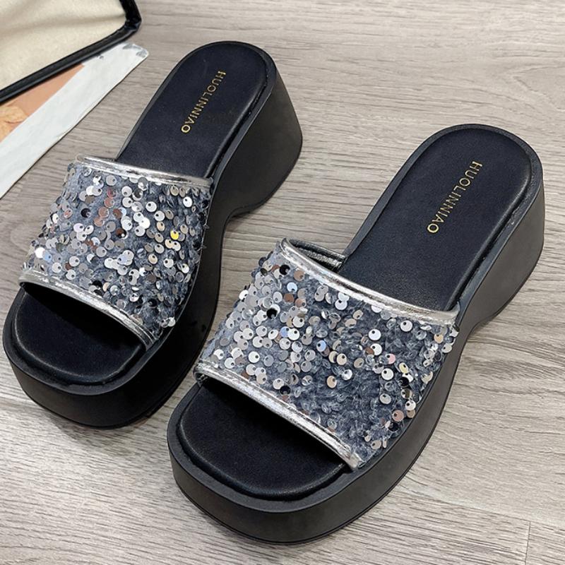 Летние новые стильные модные и элегантные сандалии на платформе, однотонные тапочки с открытым носком и круглым носком, украшенные блестками, НЕТ:А588