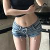 Vintage Washed Blue Sexy Navel Exposed Low Waist Ultra Short Denim Hot Pants Raw Edge Shorts Female
