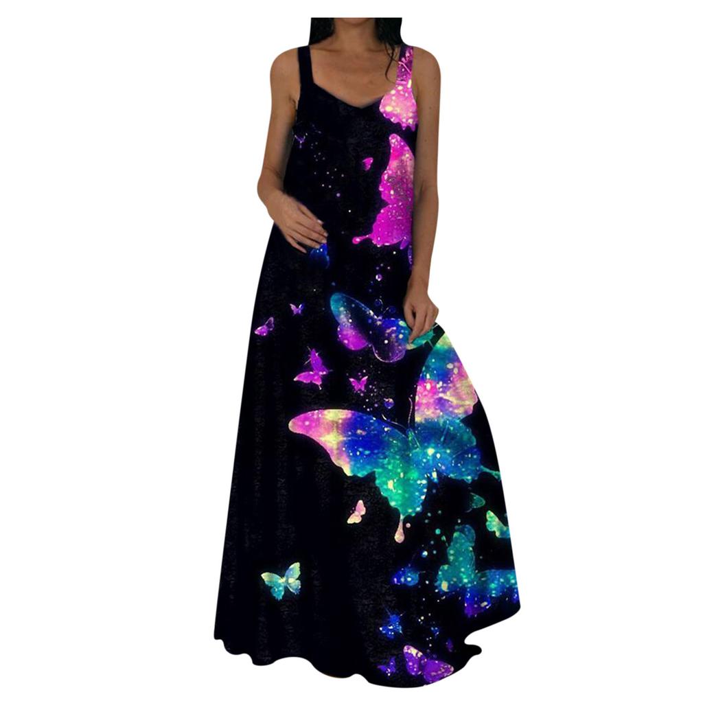 Женское повседневное платье макси с принтом, V-образным вырезом, без рукавов, платье-комбинация с карманами