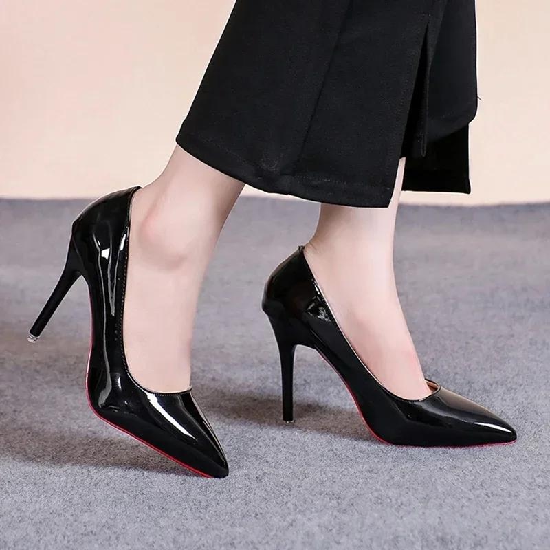 Fashion Classic Black Stiletto Heels Pumps Women 2024 Spring Patent Leather Office Shoes Woman Plus Size 43 Pointed Toe High Heels Shoes