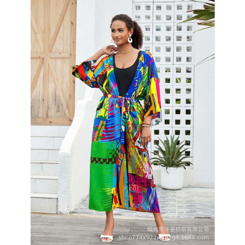 Плюс Размер Женский Пляжный Принт Кардиган Бикини Солнцезащитный Купальник С Накидкой